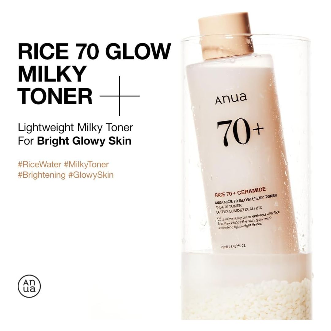 ANUA Rice 70 Glow Milky Toner, for Glass Skin, Rice Water, Niacinamide, Ceramides, Panthenol, Fragrance-Free, Non comedogenic, Fungal Acne Safe, Korean Skin Care, 250ml/8.45fl.oz.