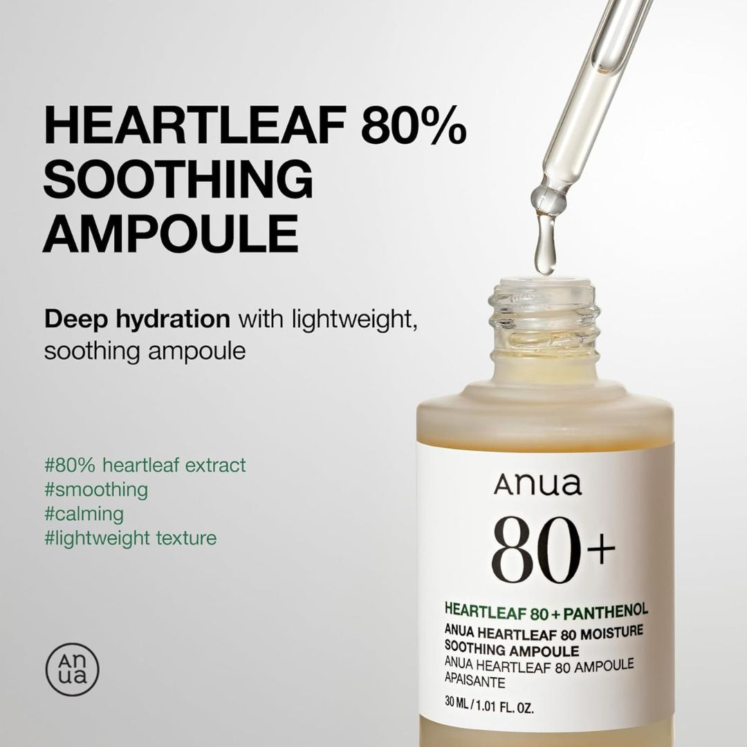 Anua Heartleaf 80 Soothing Ampoule, Hydration Facial Serum for Glass Skin, Panthenol, Hyaluronic Acid, Non-Greasy, Gentle Formula, Lightweight Essence, Vegan, Korean Skin Care, 30ml/1.01 fl.oz
