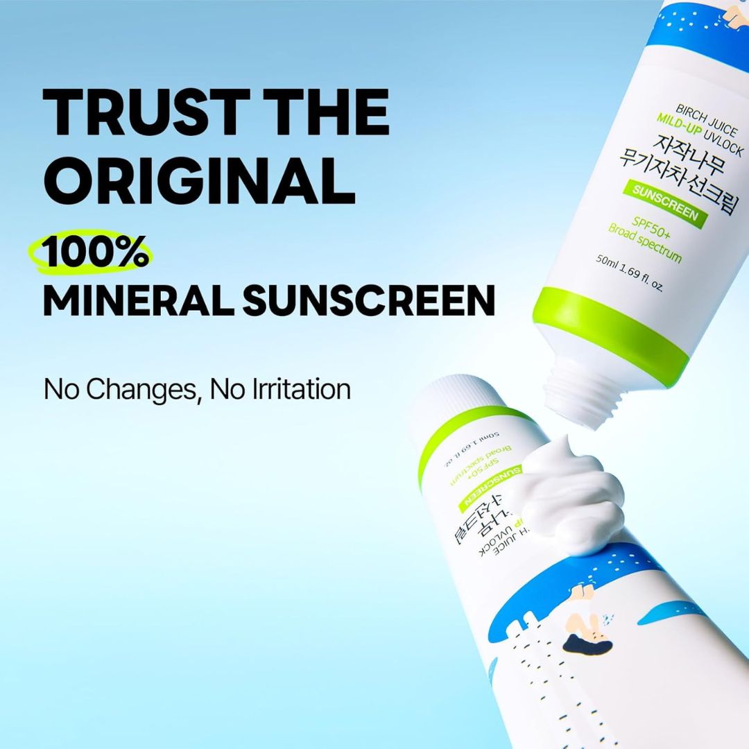 ROUND LAB Birch Juice Moisturizing + Mild-up Sunscreen UV LOCK Set 1.69 Fl Oz SPF 45 broad spectrum, Essence Type Moisturizing sunscreen for Sensitive Skin, Ocean Friendly-Reef Safe, Korean Sunscreen