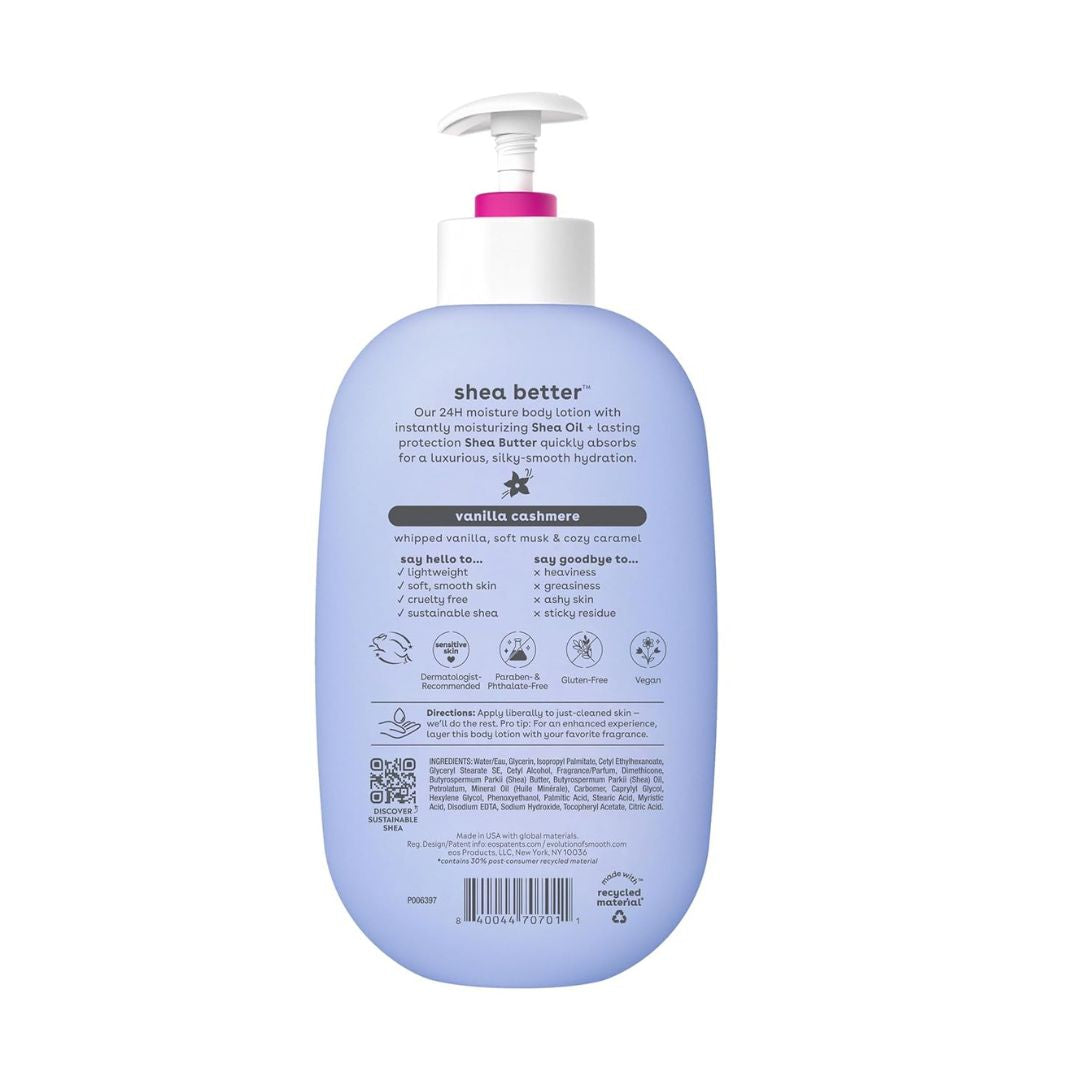 eos Shea Better Body Lotion Vanilla Cashmere, 24-Hour Moisture Skin Care, Lightweight & Non-Greasy, Natural Shea, Vegan, Vanilla Body Lotion, 16 fl oz