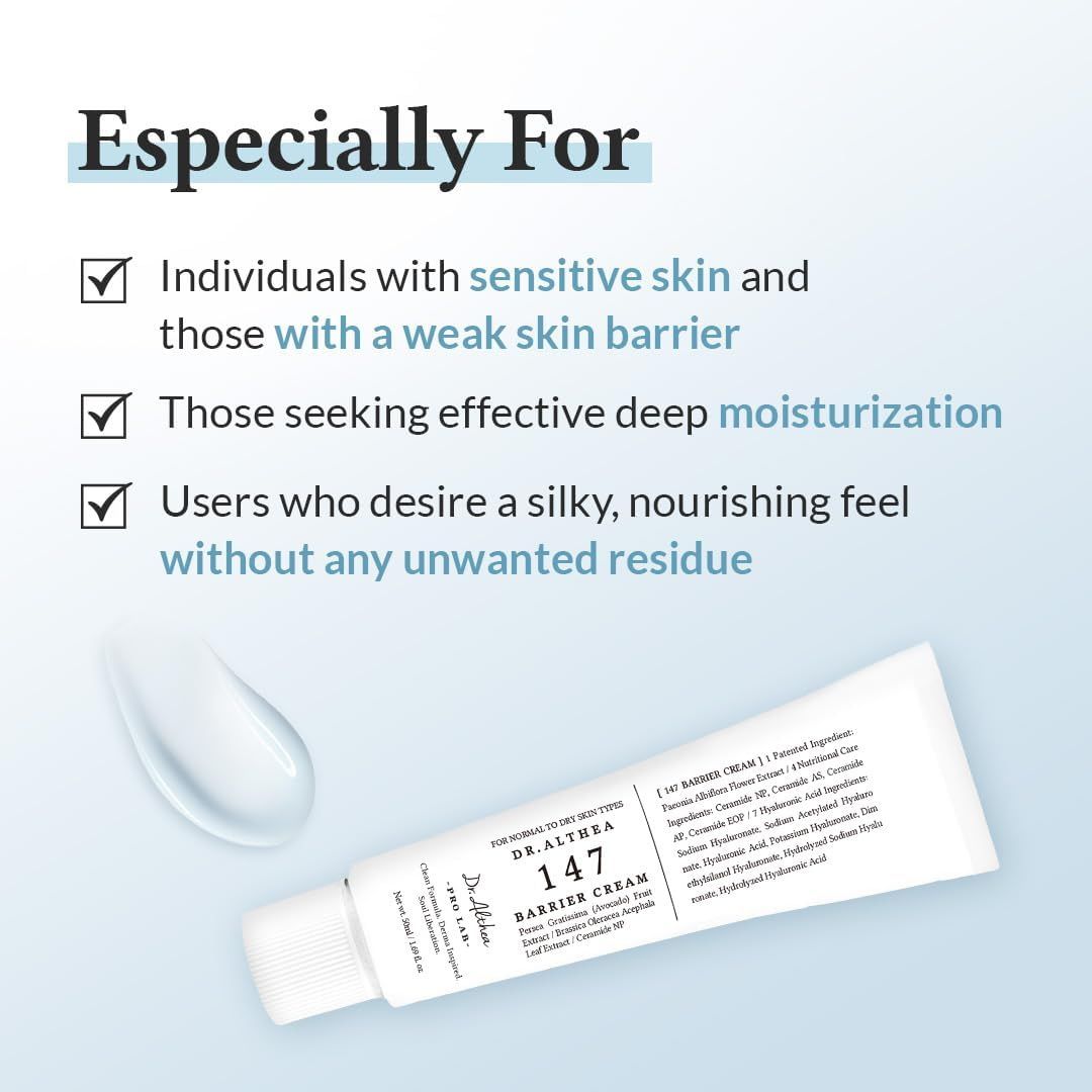Dr.Althea 147 Barrier Cream | Daily Skin Barrier Repair Care | Deep Hydrating with Hyaluronic Acid & Ceramides | Korean Vegan Skin Care for All Skin Types | 1.7 Fl Oz